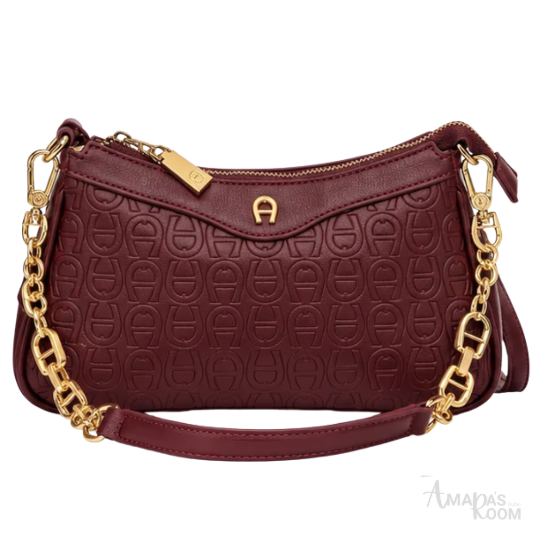 Aigner Bag | Diadora Logo Pochette (Baguette Crossbody Bag) – Burgundy (Wine Red with gold-tone hardware)