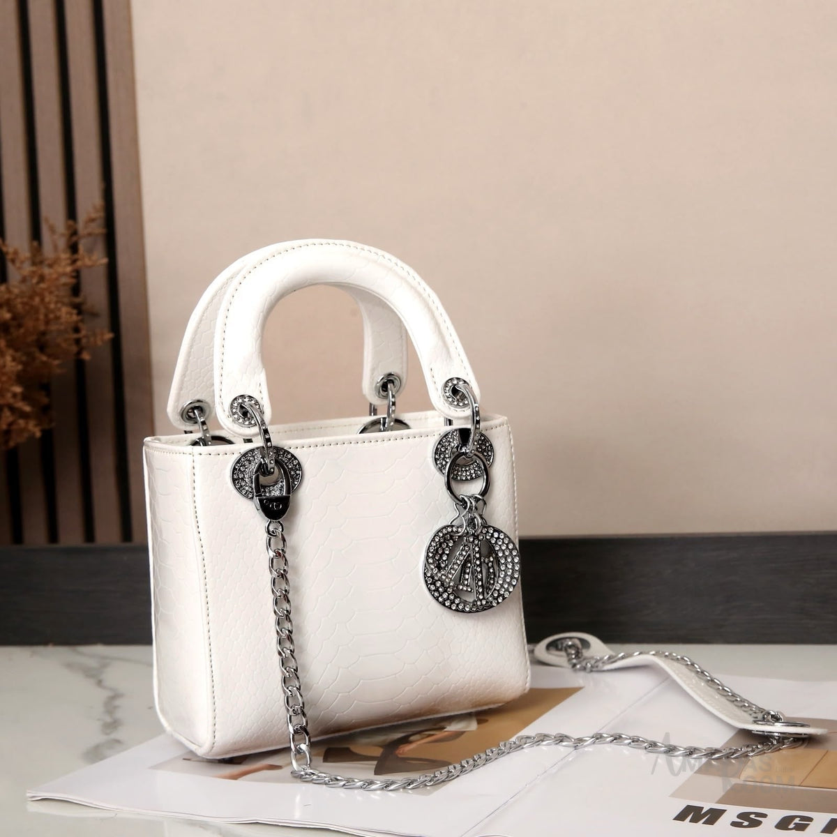 Dior Mini Lady Dior Crocodile-Style Leather Bag – White - View 5