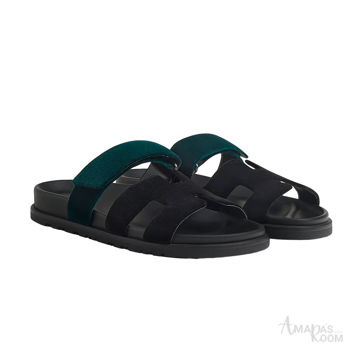 Hermès Chypre Sandals – Noir / Vert Mousse - View 1