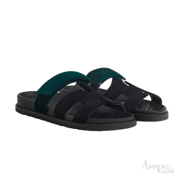 Hermès Chypre Sandals – Noir / Vert Mousse - View 1