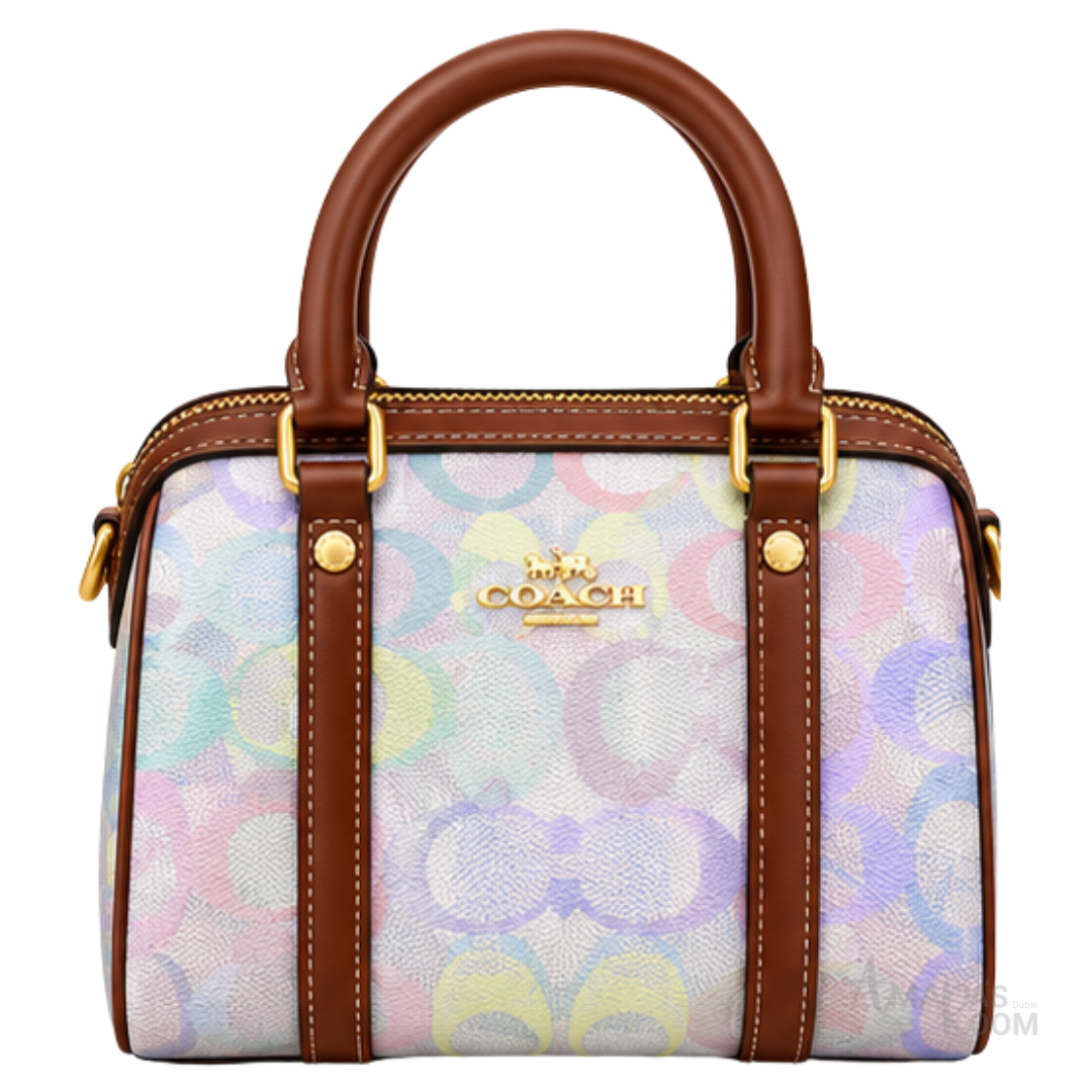 Coach Bag | Micro Rowan Satchel – Pastel Rainbow (Holographic Rainbow Signature canvas with brown leather trim)