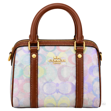 Coach Bag | Micro Rowan Satchel – Pastel Rainbow (Holographic Rainbow Signature canvas with brown leather trim)
