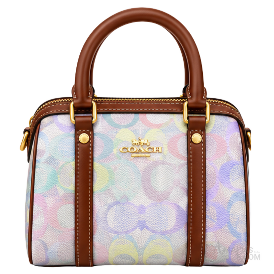 Coach Bag | Micro Rowan Satchel – Pastel Rainbow (Holographic Rainbow Signature canvas with brown leather trim)