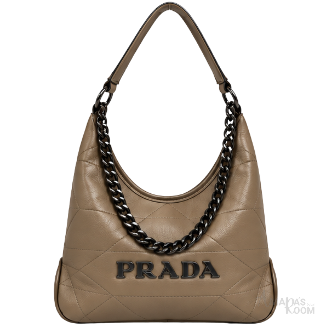 Prada Bag | Triangle Stitch Leather Hobo Bag (with chain strap) – Taupe (Dark Beige – Khaki Brown nappa leather with dark metal logo lettering)