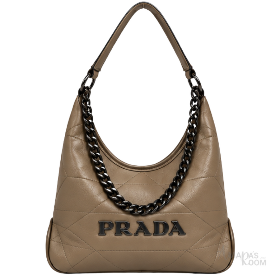 Prada Bag | Triangle Stitch Leather Hobo Bag (with chain strap) – Taupe (Dark Beige – Khaki Brown nappa leather with dark metal logo lettering)