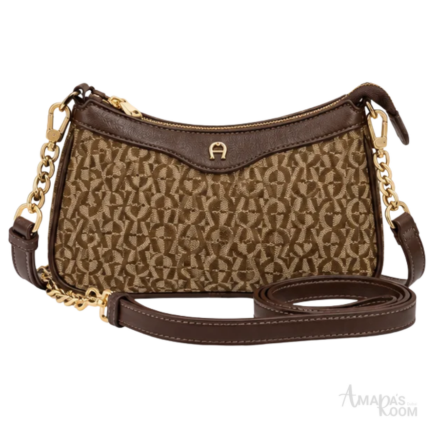 Aigner Bag | Leah Icon Pochette Shoulder Bag XS – Brown (Dadino monogram canvas with dark brown leather trim)