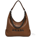 Prada Bag | Triangle Stitch Leather Hobo Bag (with chain strap) – Brown (Cognac – Tan nappa leather with silver-tone metal logo lettering)