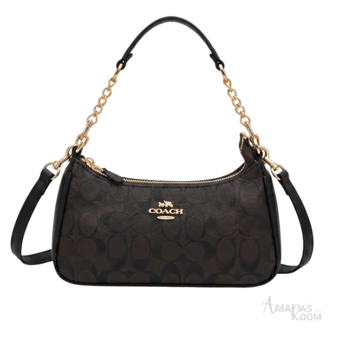 Coach Bag | Teri Shoulder Bag – Brown – Black (Signature coated canvas with black leather trim and gold-tone chain)