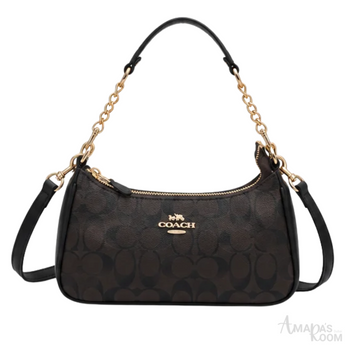 Coach Bag | Teri Shoulder Bag – Brown – Black (Signature coated canvas with black leather trim and gold-tone chain)