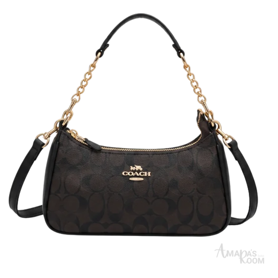 Coach Bag | Teri Shoulder Bag – Brown – Black (Signature coated canvas with black leather trim and gold-tone chain)