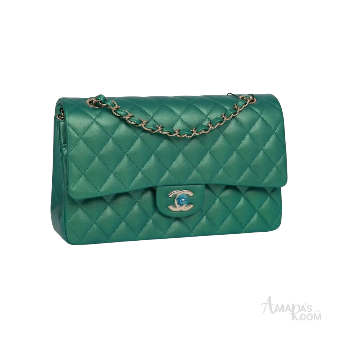 Chanel Classic Double Flap Bag Green Iridescent Lambskin Light Gold Hardware - View 2