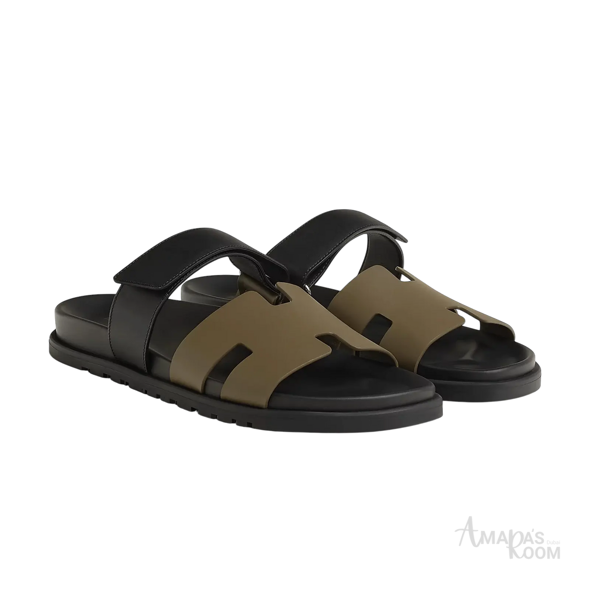 Hermès Chypre Sandals – Vert Toundra / Noir - View 1