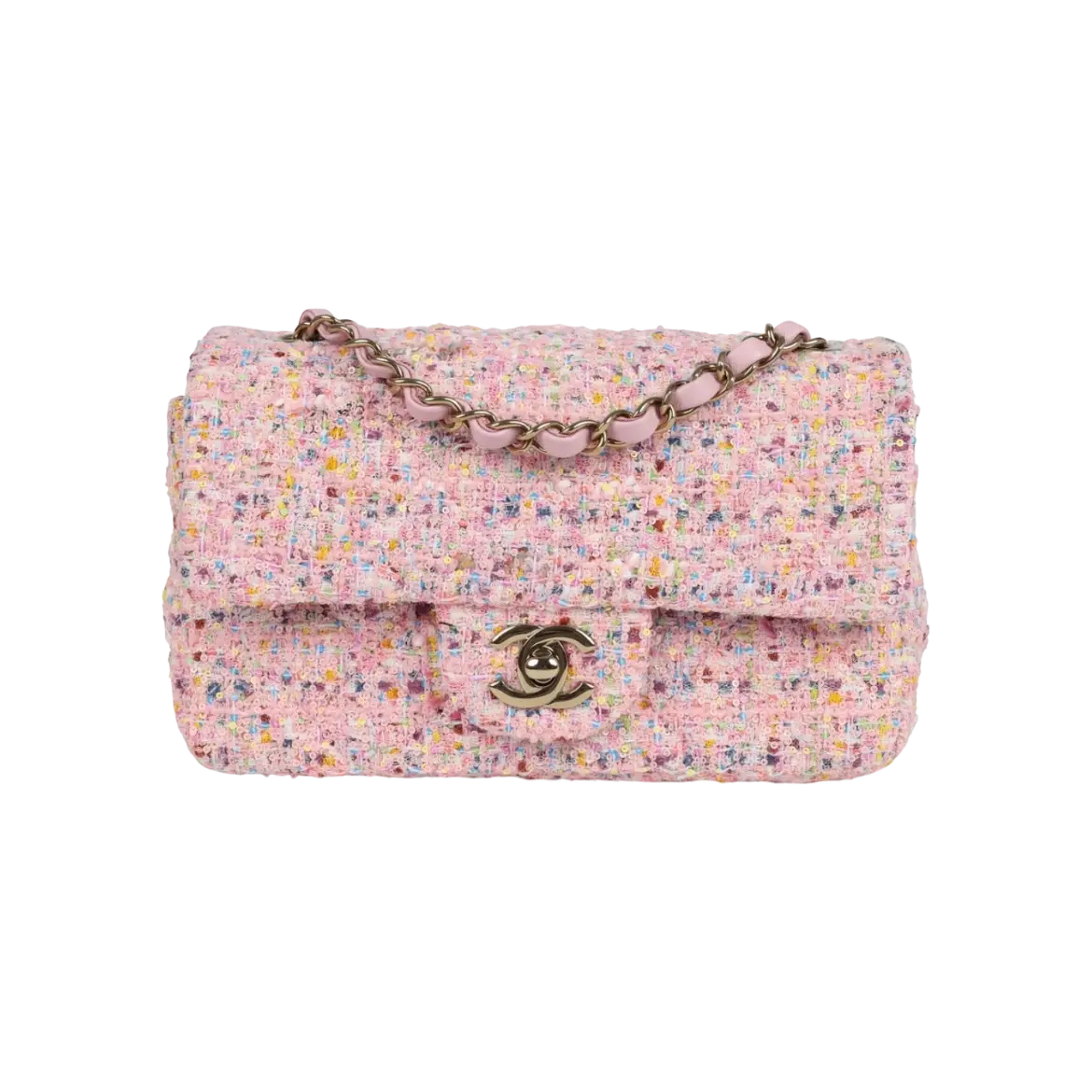 Chanel Mini Flap Bag Pink Tweed and Sequin Light Gold Hardware - View 1