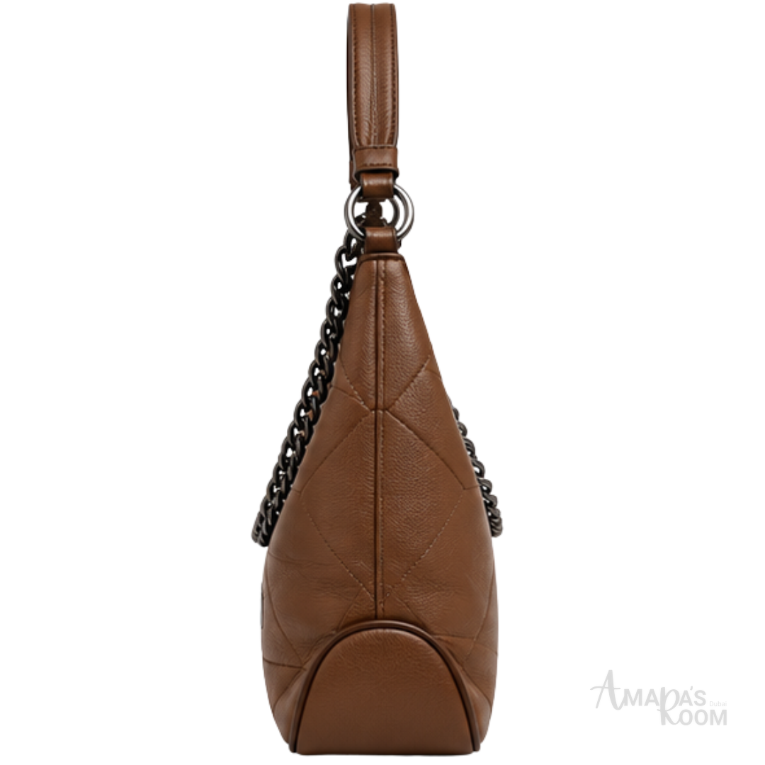 Prada Bag | Triangle Stitch Leather Hobo Bag (with chain strap) – Brown (Cognac – Tan nappa leather with silver-tone metal logo lettering)