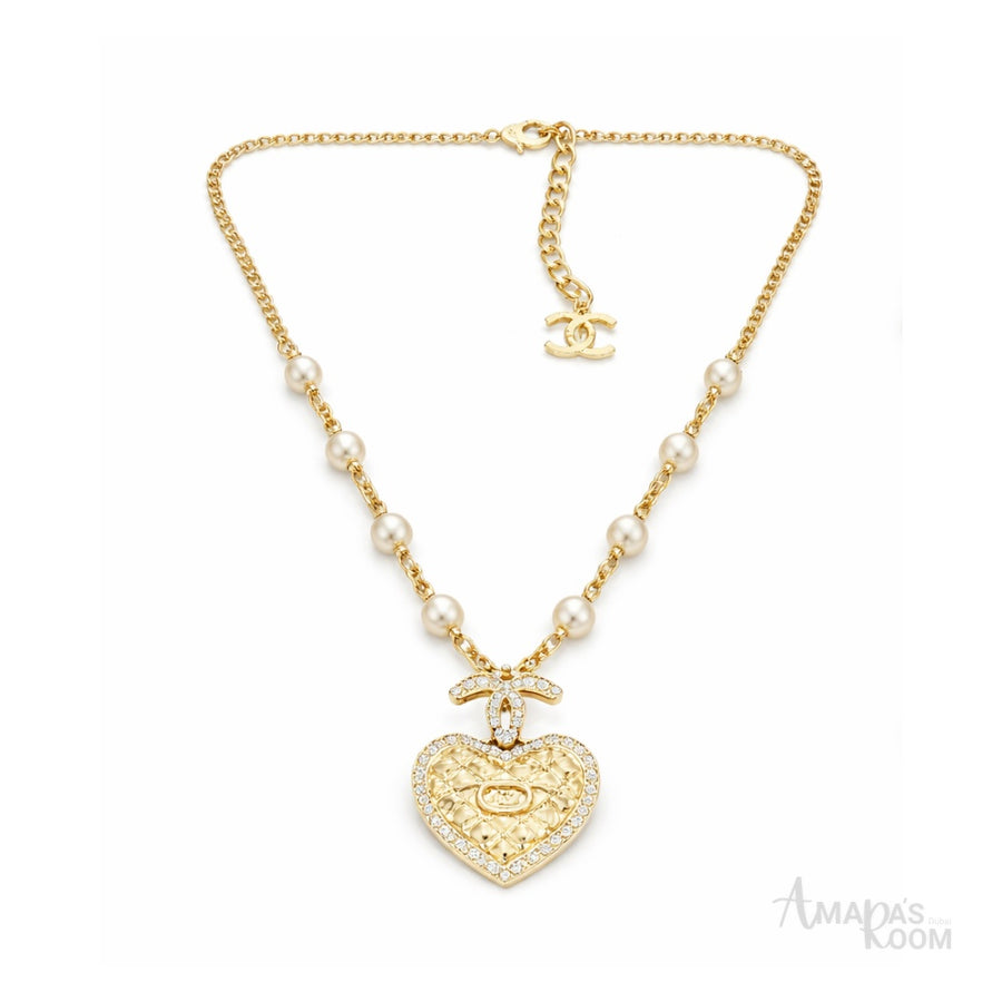 Chanel Jewelry | Quilted Heart CC Logo Pearl Station Necklace