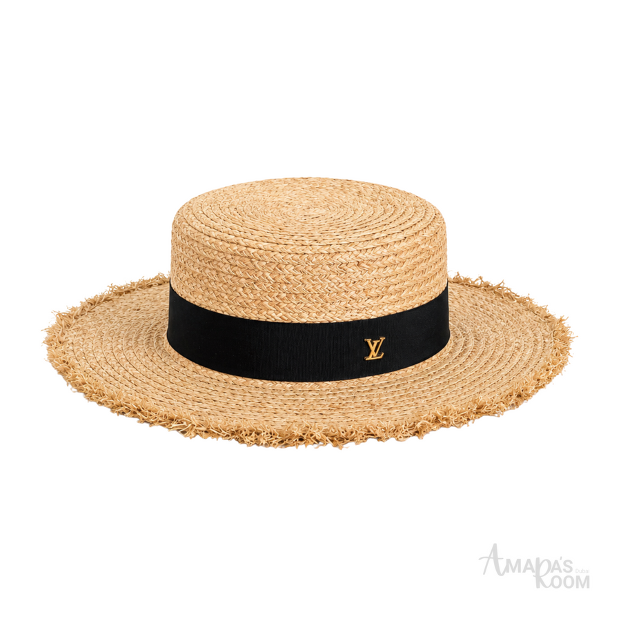 Louis Vuitton Natural Raffia Straw Boater Hat Black Band – product view