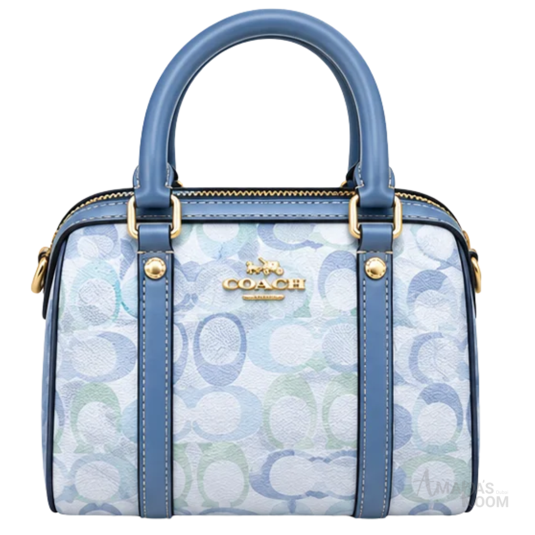 Coach Bag | Micro Rowan Satchel – Light Blue – Mint (Watercolor Signature canvas with slate blue leather trim)
