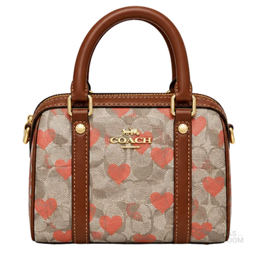 Coach Bag | Micro Rowan Satchel (Heart Print Edition) – Khaki – Red (Signature canvas with red heart overlay and brown leather trim)