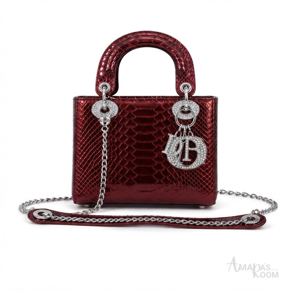 Dior Lady Dior-Style Mini Handbag – Glossy Burgundy - View 1