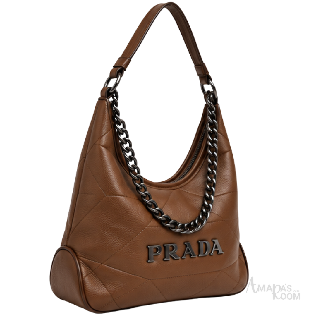 Prada Bag | Triangle Stitch Leather Hobo Bag (with chain strap) – Brown (Cognac – Tan nappa leather with silver-tone metal logo lettering)
