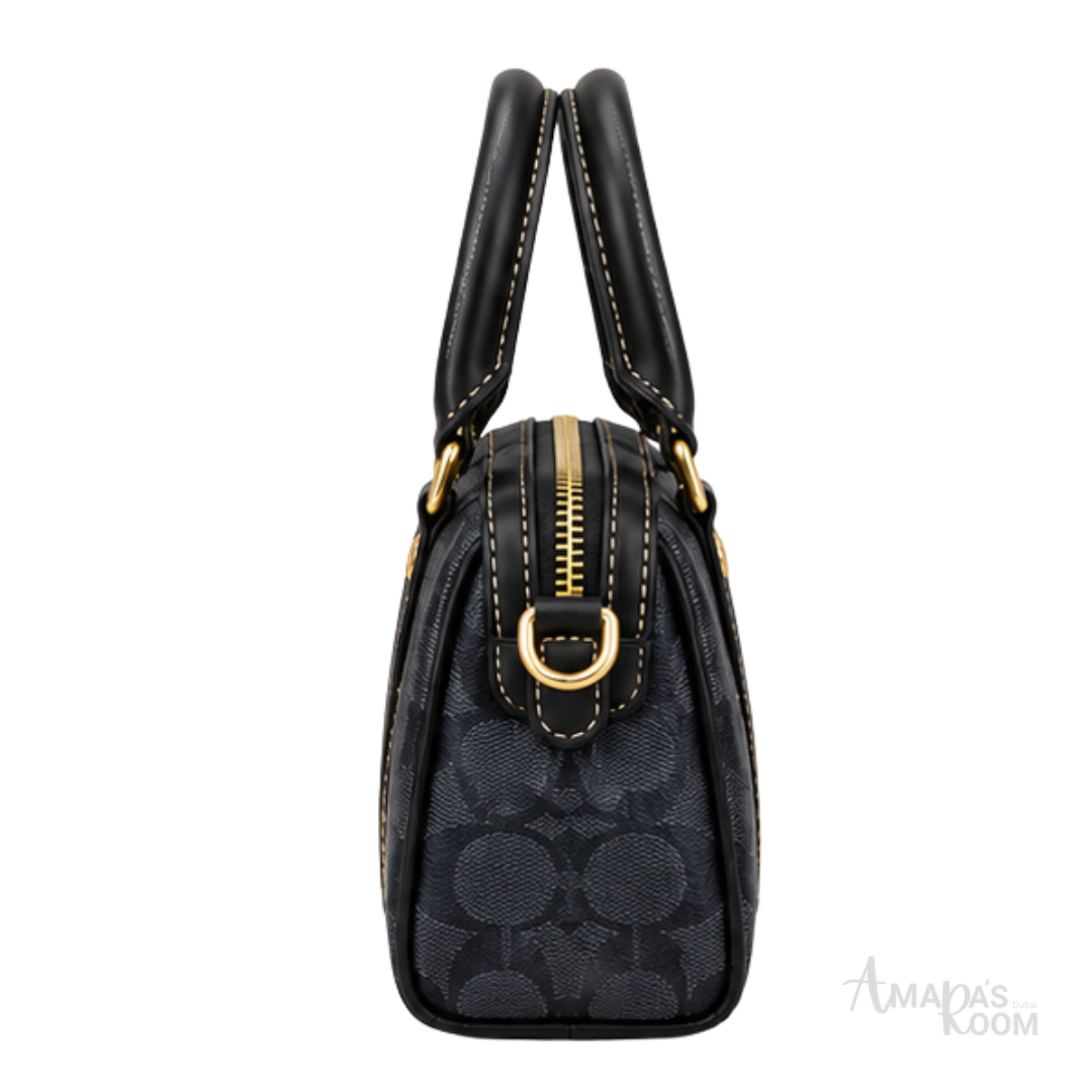 Coach Bag | Micro Rowan Satchel – Midnight Blue – Black (Signature jacquard canvas with black leather trim)