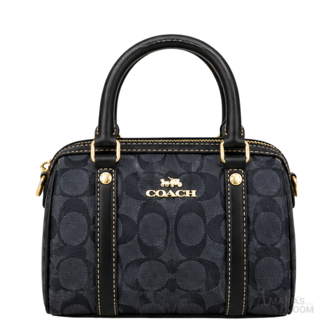 Coach Bag | Micro Rowan Satchel – Midnight Blue – Black (Signature jacquard canvas with black leather trim)