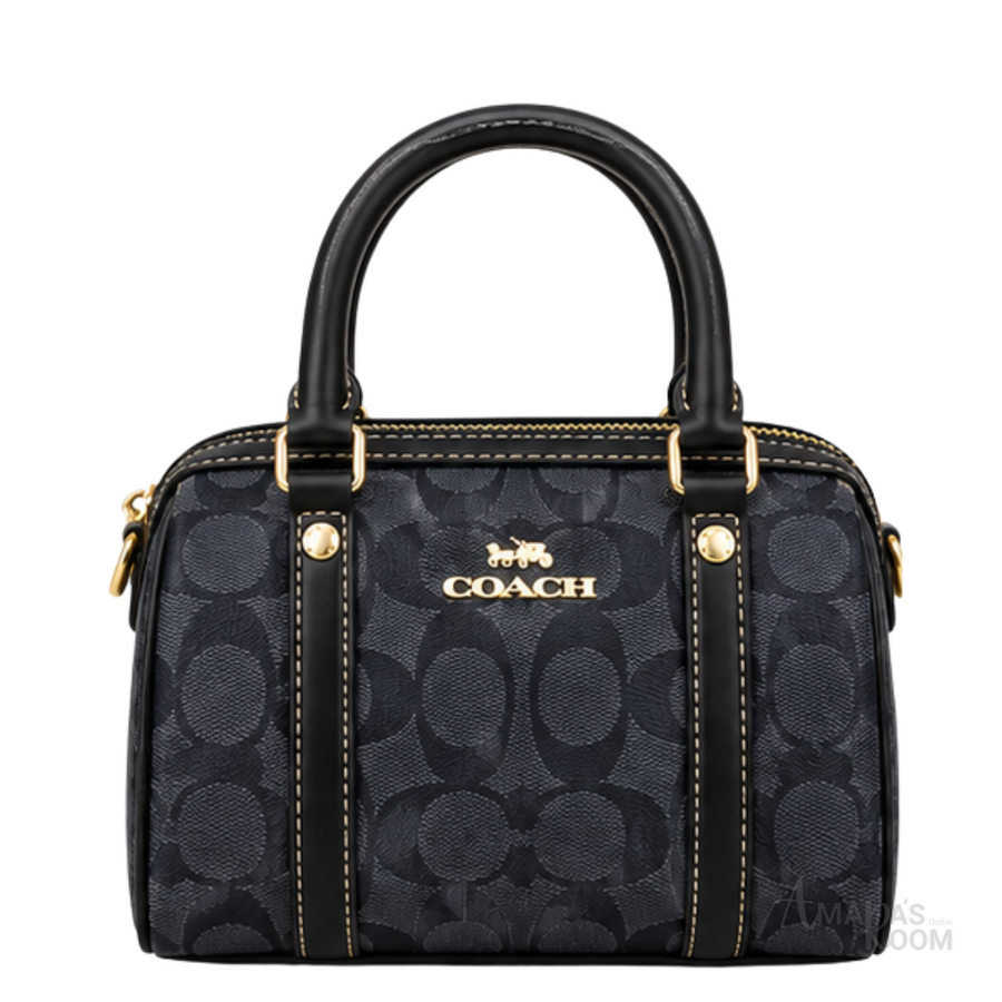 Coach Bag | Micro Rowan Satchel – Midnight Blue – Black (Signature jacquard canvas with black leather trim)