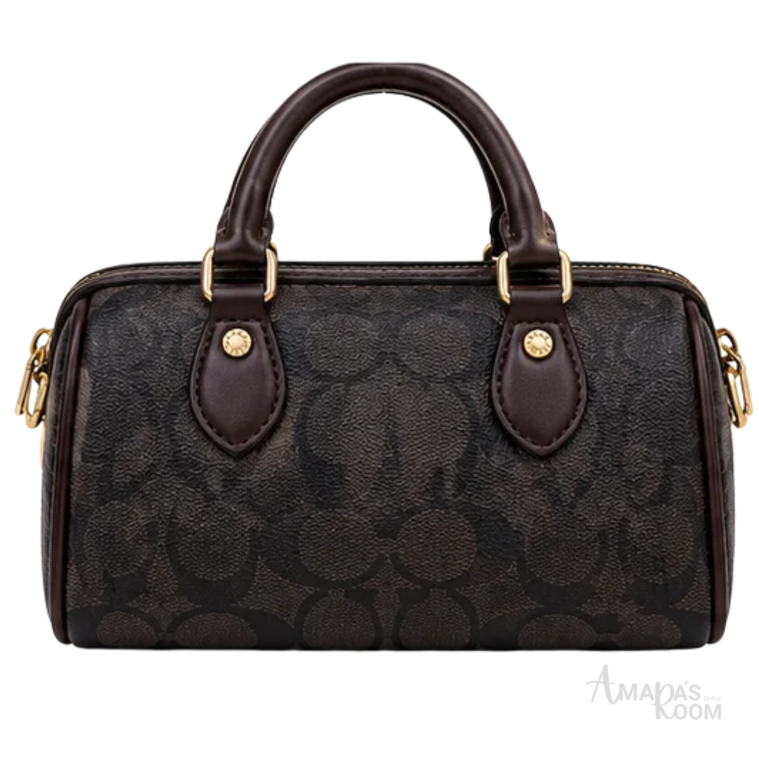 Coach Bag | Mini Rowan Crossbody Bag (featuring a detachable star logo charm) – Brown – Black (Signature Canvas with dark brown leather trim and gold-tone hardware)