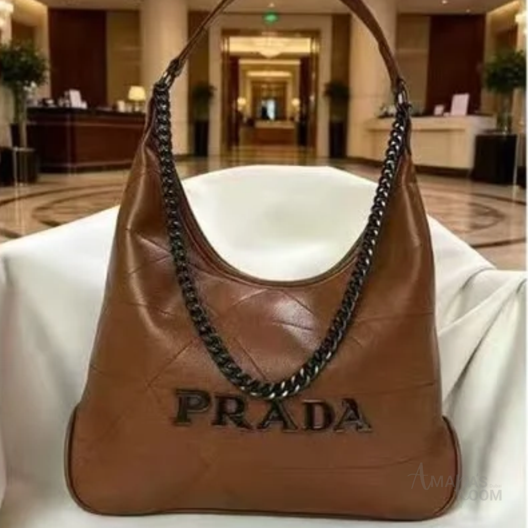 Prada Bag | Triangle Stitch Leather Hobo Bag (with chain strap) – Brown (Cognac – Tan nappa leather with silver-tone metal logo lettering)