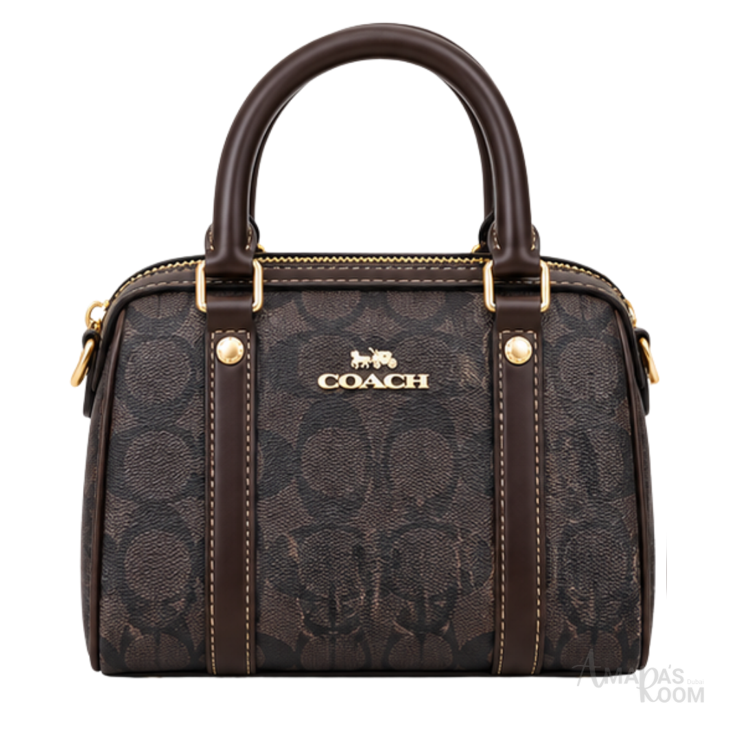 Coach Bag | Micro Rowan Satchel – Brown – Black (Signature coated canvas with dark brown leather trim)