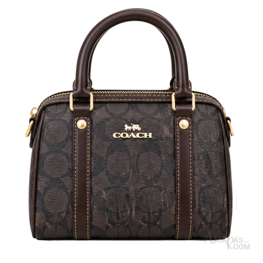 Coach Bag | Micro Rowan Satchel – Brown – Black (Signature coated canvas with dark brown leather trim)
