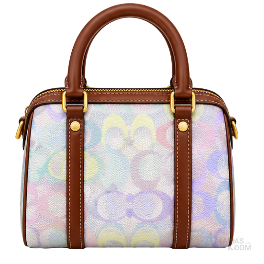 Coach Bag | Micro Rowan Satchel – Pastel Rainbow (Holographic Rainbow Signature canvas with brown leather trim)