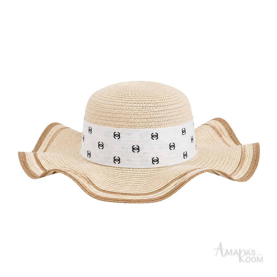 Chanel Wide-Brim CC Denim Band Straw Hat Beige – product view