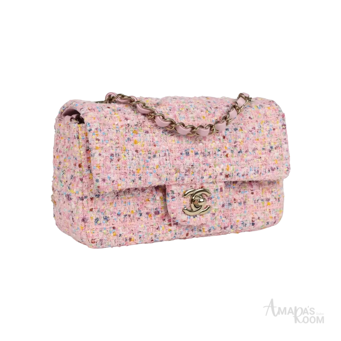 Chanel Mini Flap Bag Pink Tweed and Sequin Light Gold Hardware - View 2