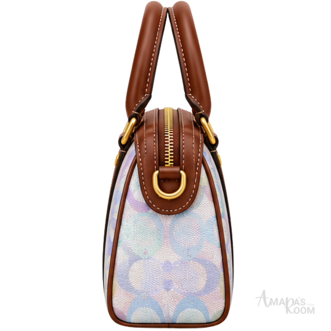 Coach Bag | Micro Rowan Satchel – Pastel Rainbow (Holographic Rainbow Signature canvas with brown leather trim)