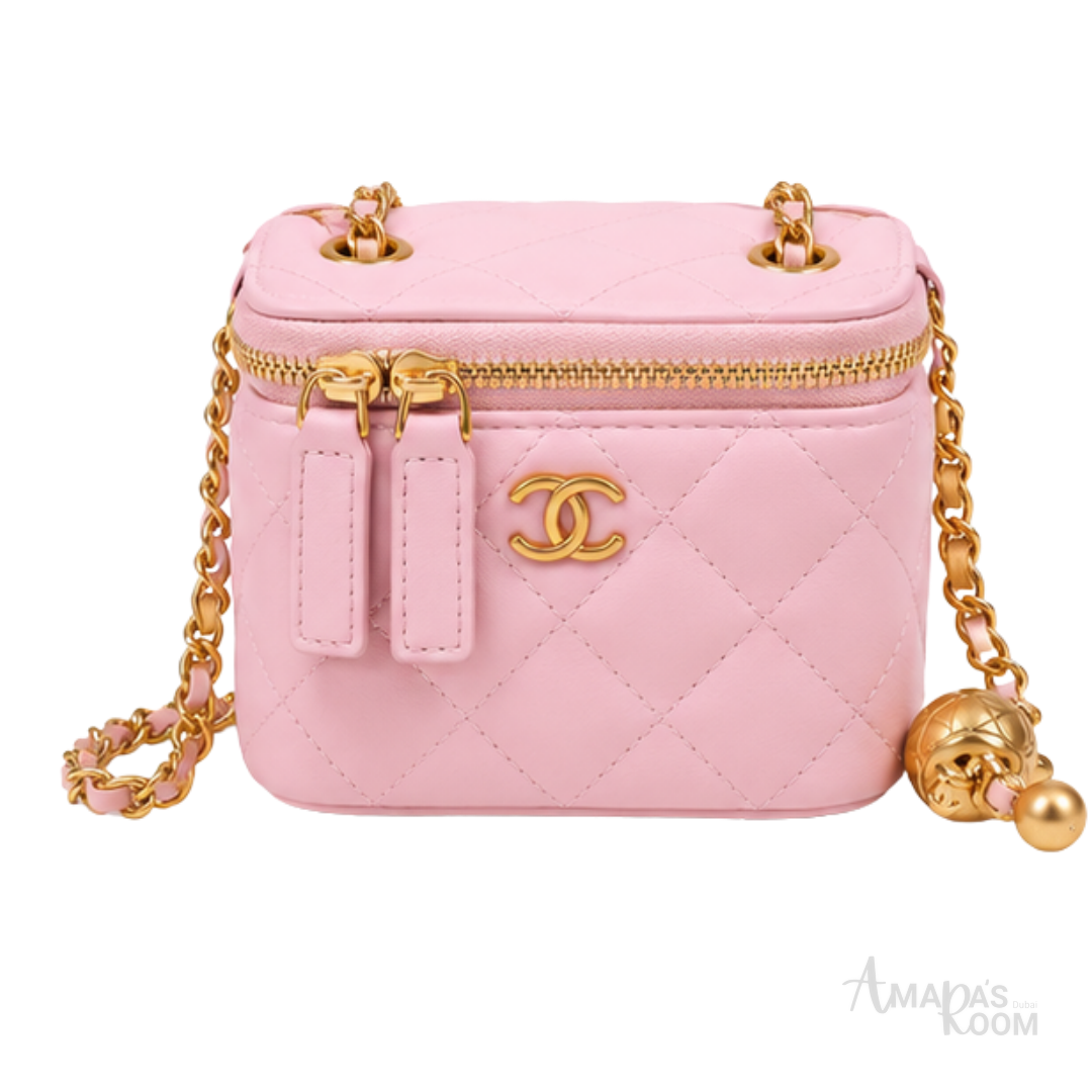 Chanel Bag | Small Vanity Case with Chain (featuring an adjustable gold-tone metal ball charm) – Light Pink (Pastel Pink with gold-tone hardware)