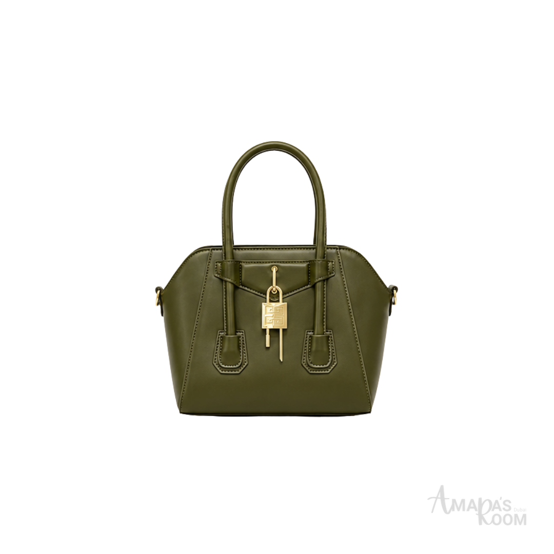 Givenchy Mini Antigona Lock Top Handle Leather Bag – Olive Green - View 1