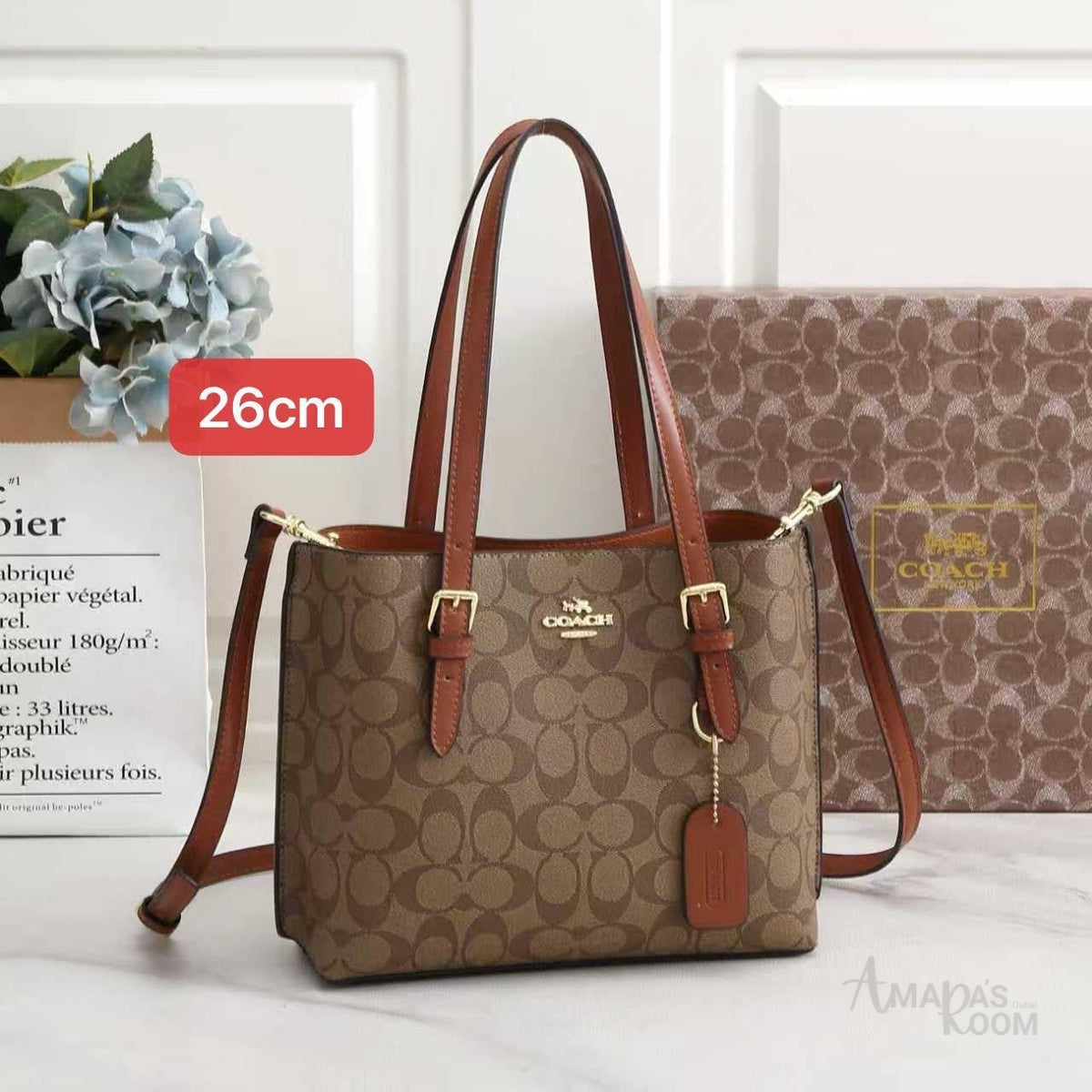 Coach Bag | Mollie Tote 25 (Crossbody Tote Bag) – Khaki Brown (Signature Canvas with Saddle Brown leather trim)