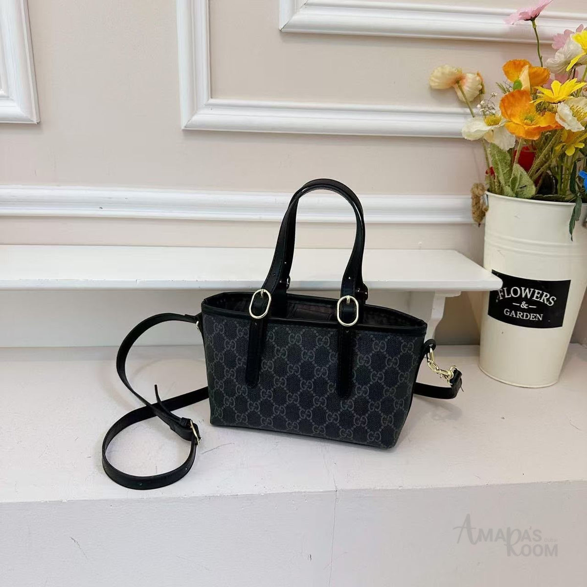 Gucci Bag | GG Emblem Mini Bag – Black (GG Monogram canvas with black leather handles and trim)