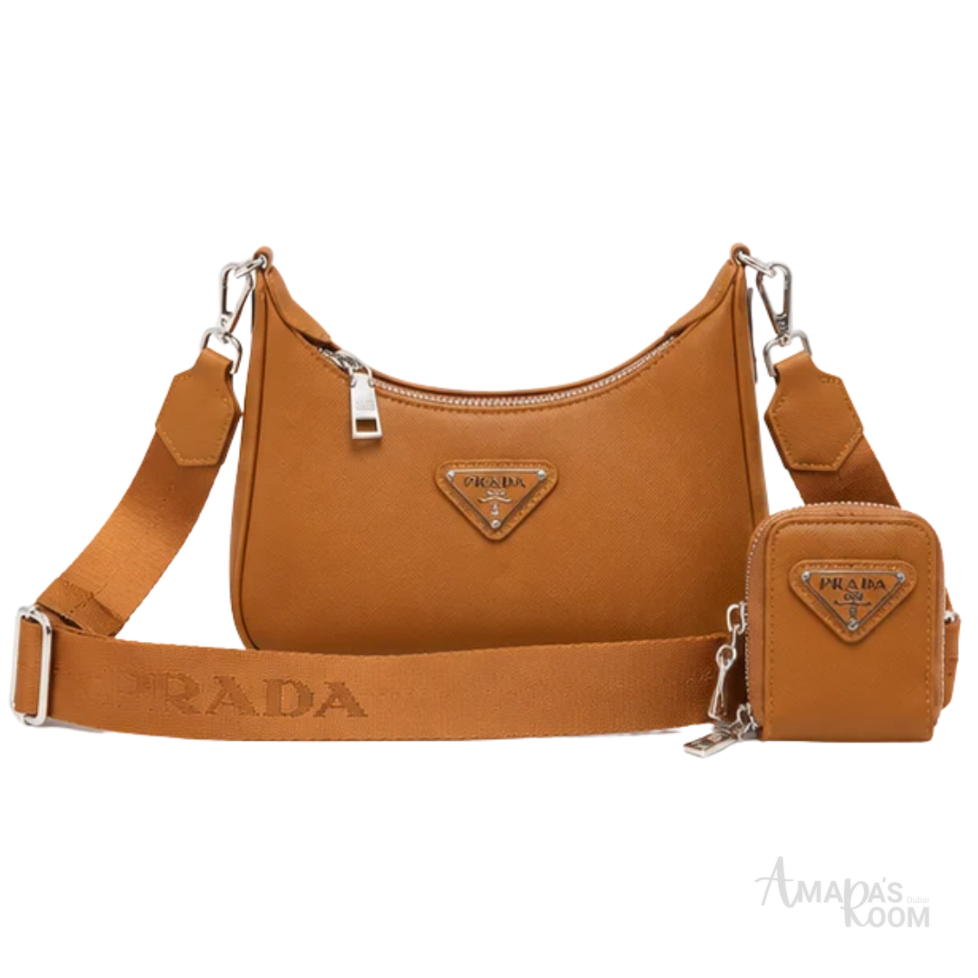 Prada Bag | Re-Edition 2005 Saffiano Leather Bag (with detachable pouch) – Cognac Brown (Caramel – Tan with silver-tone hardware)
