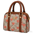 Coach Bag | Micro Rowan Satchel (Heart Print Edition) – Khaki – Red (Signature canvas with red heart overlay and brown leather trim)
