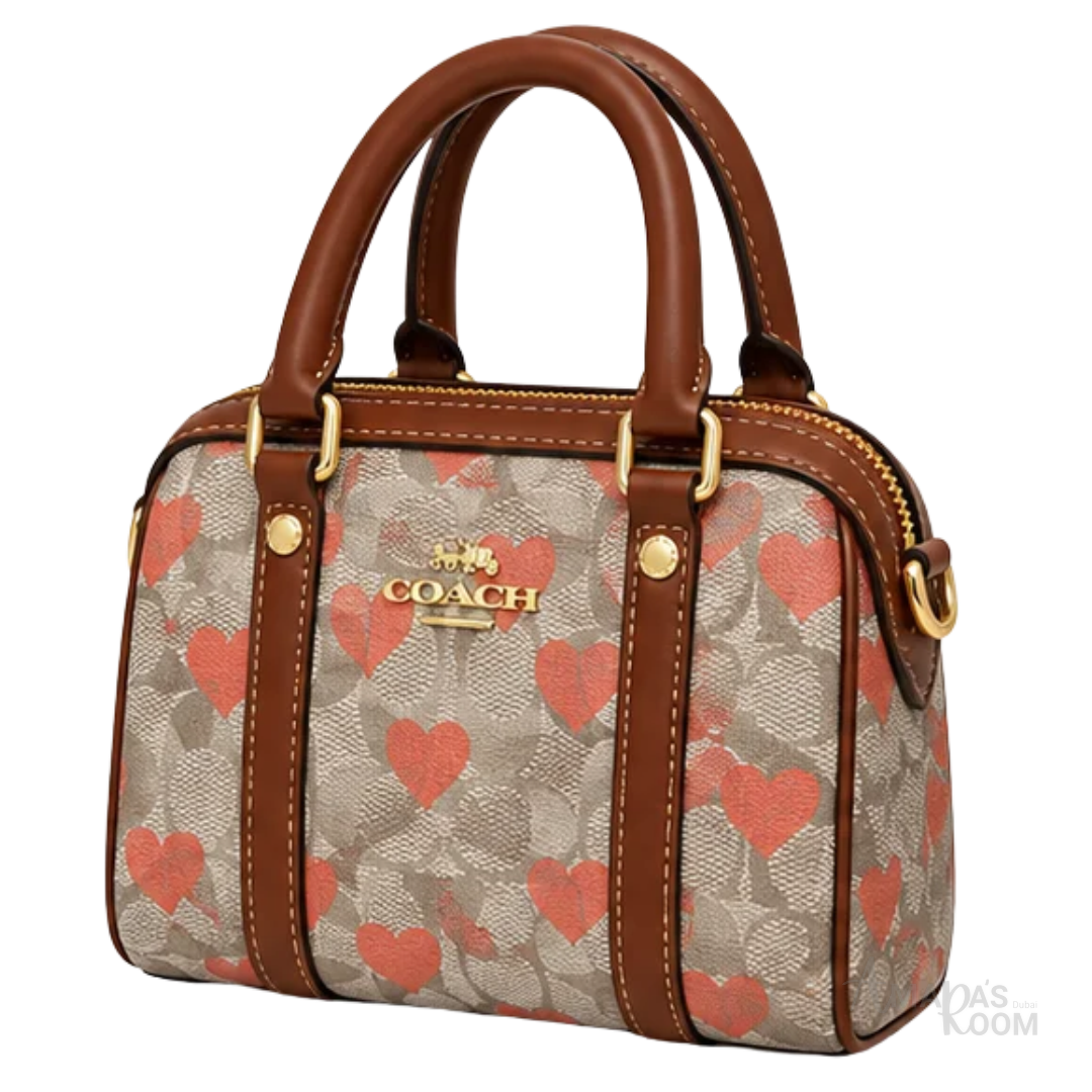 Coach Bag | Micro Rowan Satchel (Heart Print Edition) – Khaki – Red (Signature canvas with red heart overlay and brown leather trim)