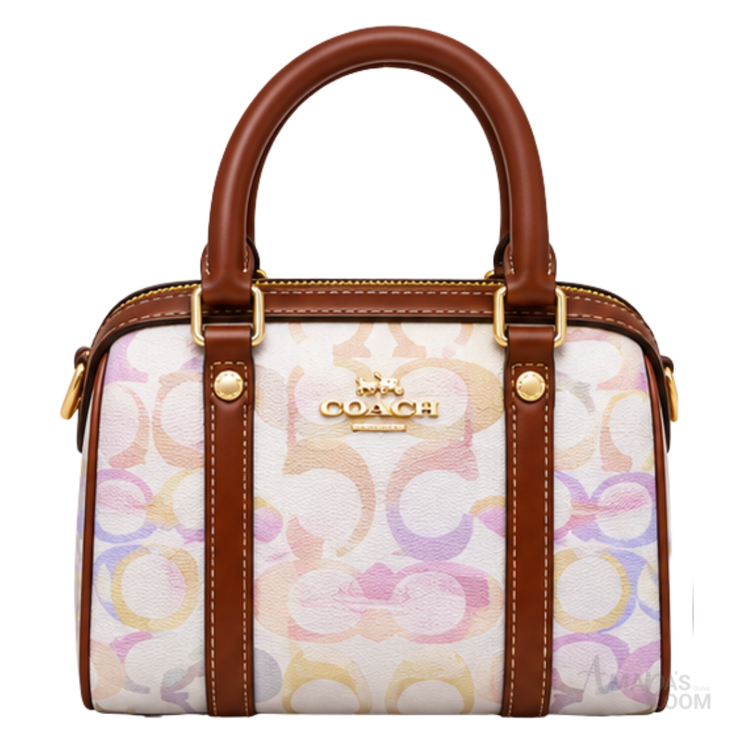 Coach Bag | Micro Rowan Satchel – Pastel Multicolor (Watercolor Signature canvas with tan leather trim)