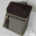 Gucci Bag | Eden GG Supreme Canvas Backpack (with dark brown leather flap) – Beige – Brown (Monogram canvas with dark espresso brown leather trim and gold-tone zipper)