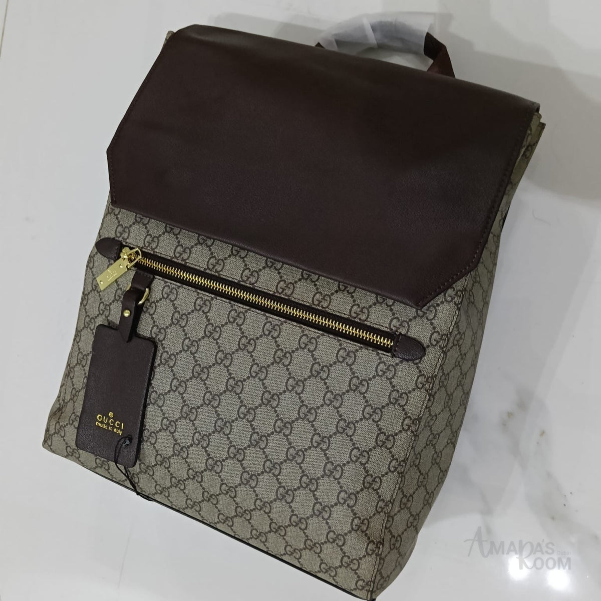 Gucci Bag | Eden GG Supreme Canvas Backpack (with dark brown leather flap) – Beige – Brown (Monogram canvas with dark espresso brown leather trim and gold-tone zipper)