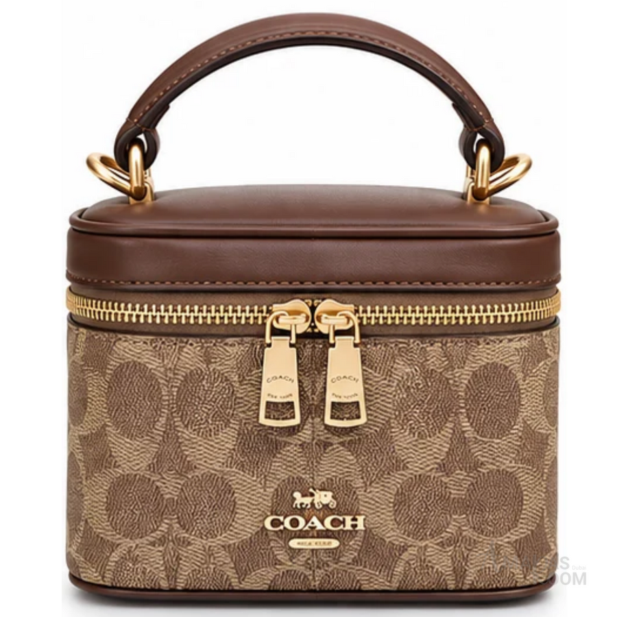 Coach Bag | Rainer Crossbody Bag 18 (Vanity Case) – Gold Tan Brown (Signature coated canvas with brown leather trim)