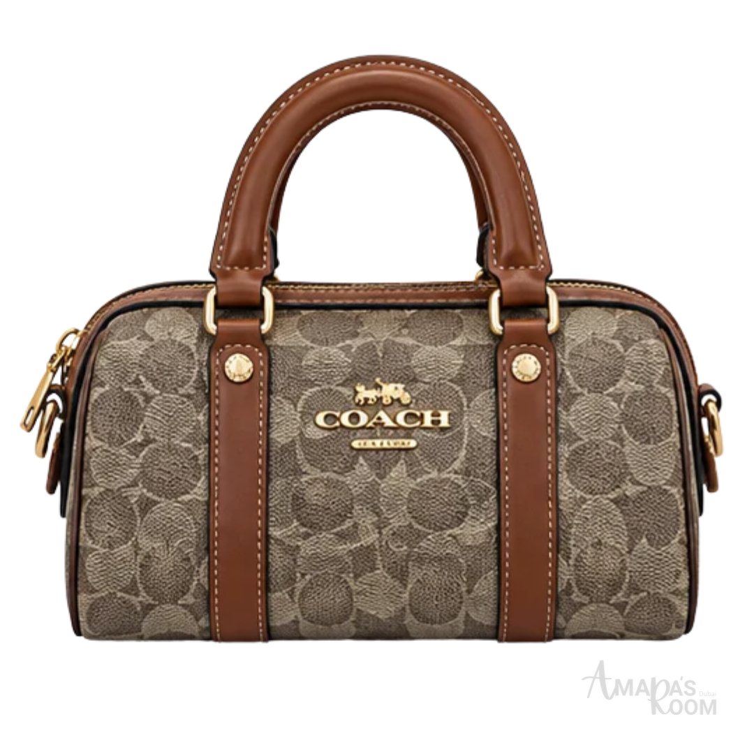 Coach Bag | Rowan Satchel (Micro – Mini Duffle Crossbody Bag) – Khaki – Saddle (Signature Canvas with brown leather trim)