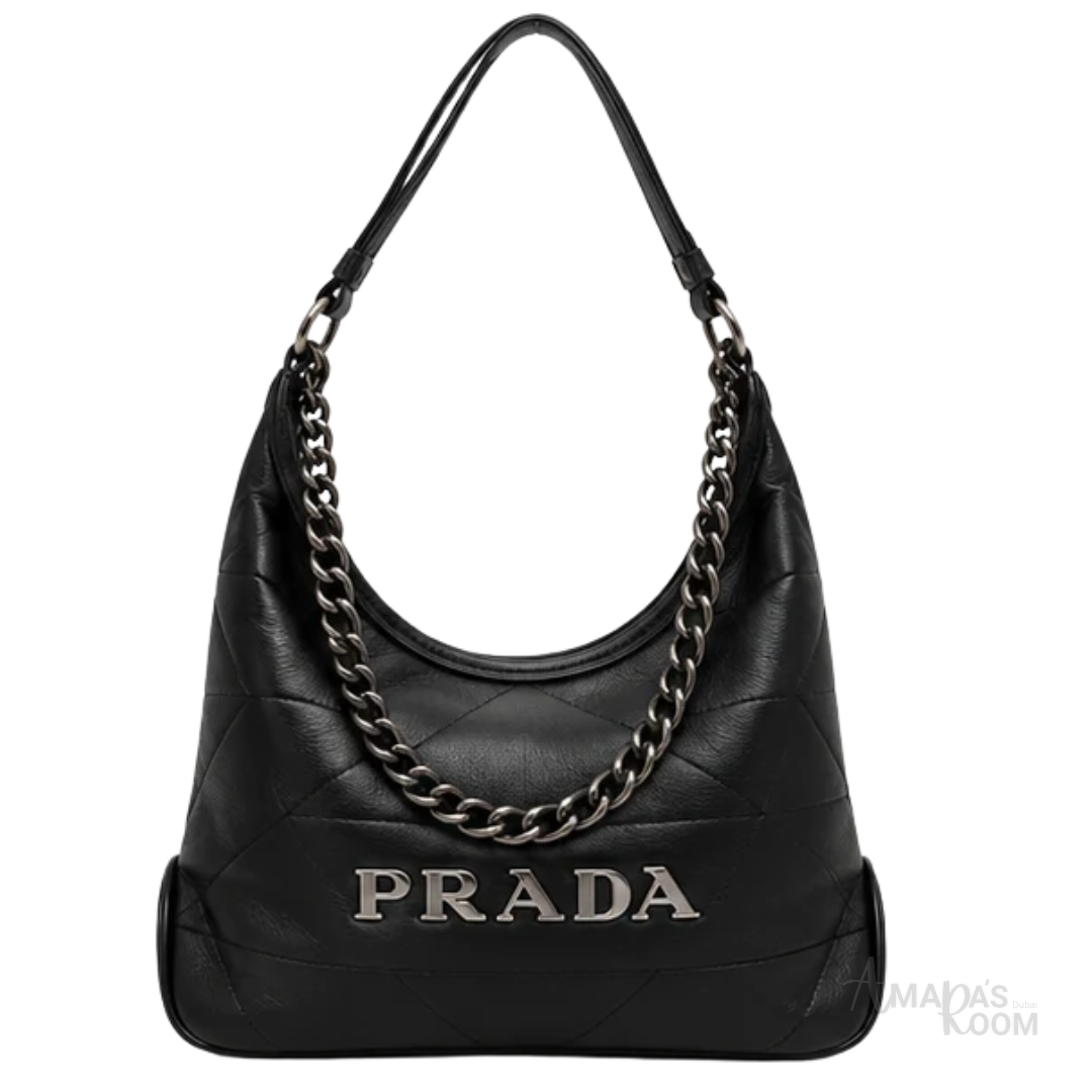 Prada Bag | Triangle Stitch Leather Hobo Bag (with chain strap) – Black (Smooth nappa leather with silver-tone metal logo lettering)