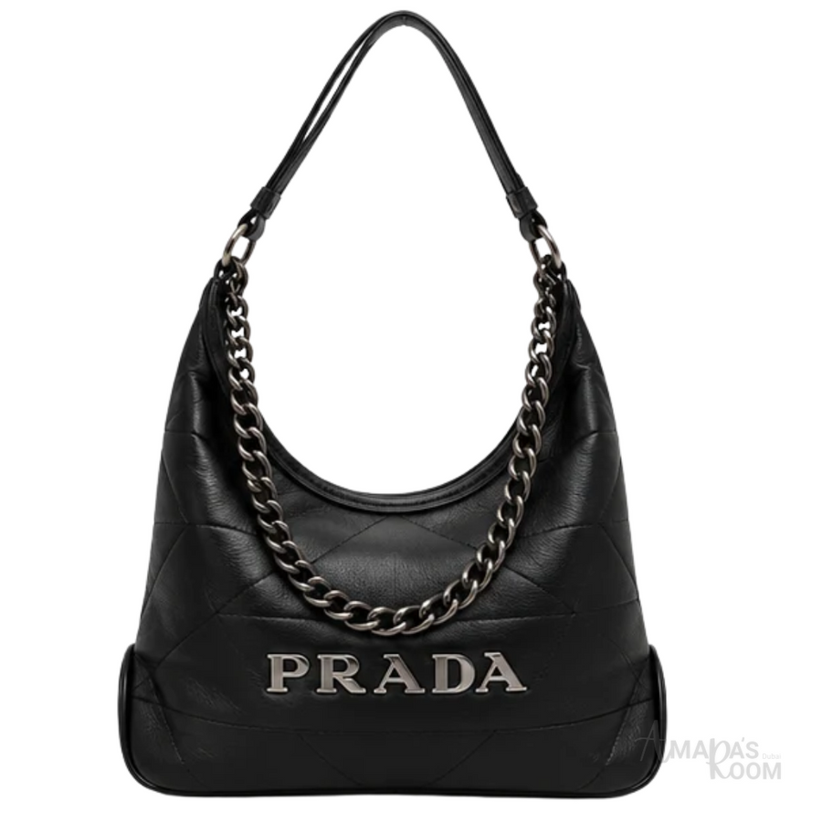 Prada Bag | Triangle Stitch Leather Hobo Bag (with chain strap) – Black (Smooth nappa leather with silver-tone metal logo lettering)