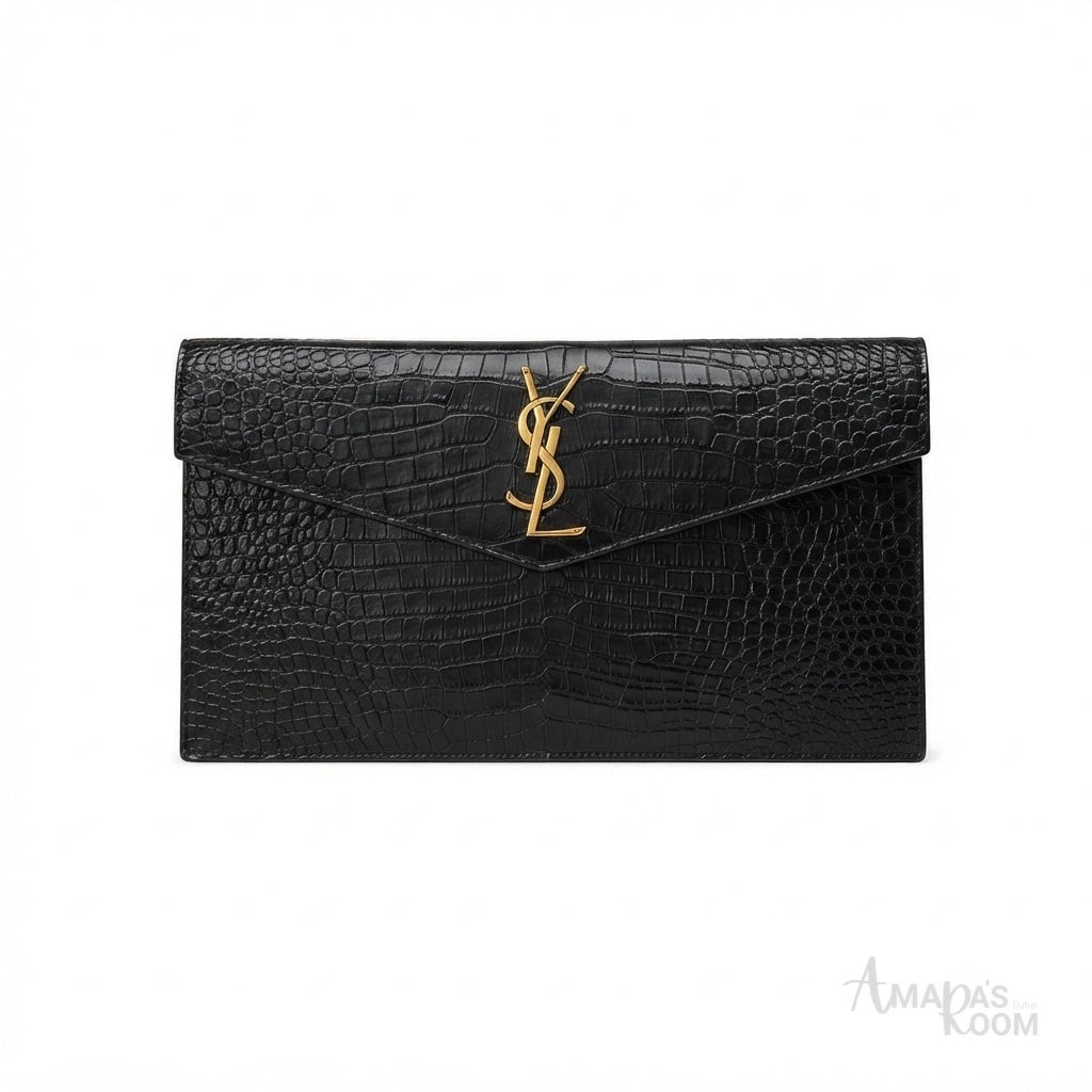 Saint Laurent Uptown Pouch – Crocodile-Embossed Black - View 1
